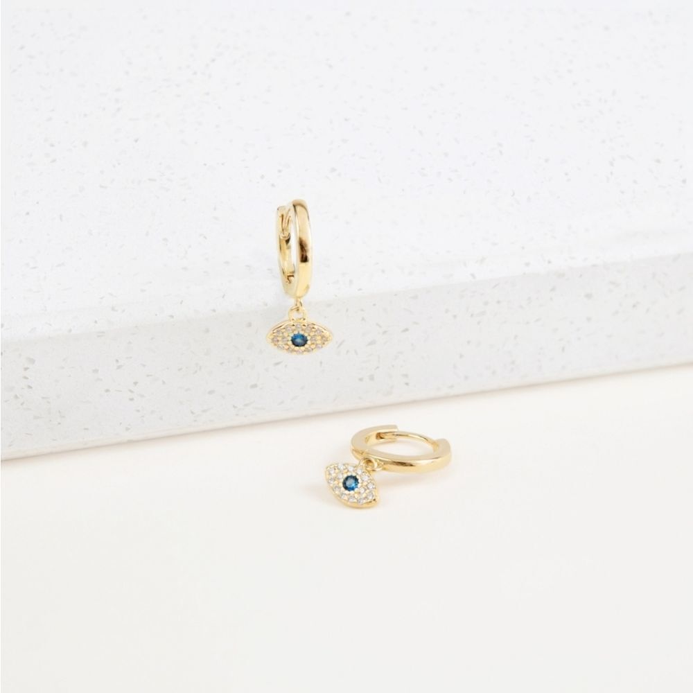 🧿 Blue Stone Evil Eye Huggie Hoop Earrings 🧿 - Picture 6 of 9